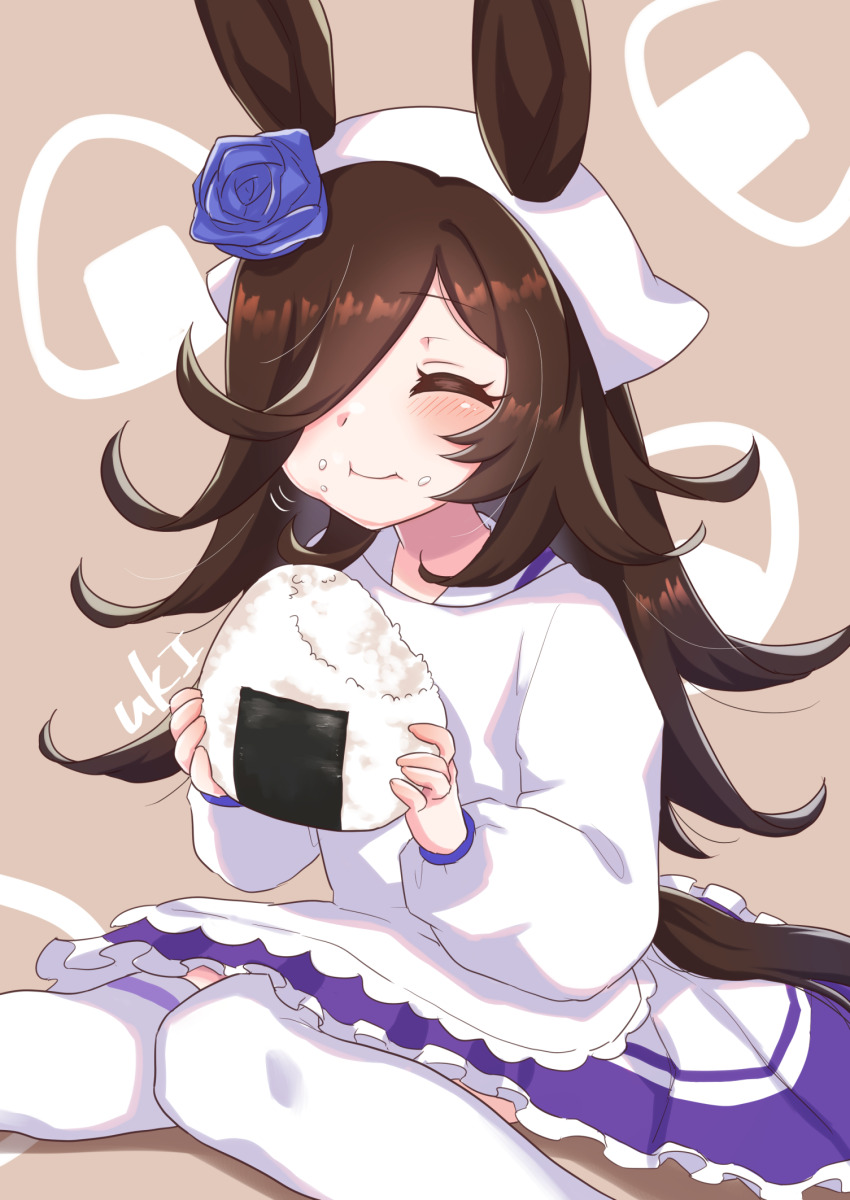 1girl :t animal_ears artist_name bandana black_hair blue_flower blue_rose blue_skirt closed_eyes closed_mouth commentary eating flower food food_on_face frilled_skirt frills grey_background hair_flower hair_ornament hair_over_one_eye highres horse_ears horse_girl horse_tail long_hair long_sleeves medium_skirt motion_lines neru_ika onigiri rice_shower_(umamusume) rose shirt signature sitting skirt solo tail thighhighs umamusume wariza white_bandana white_shirt white_thighhighs