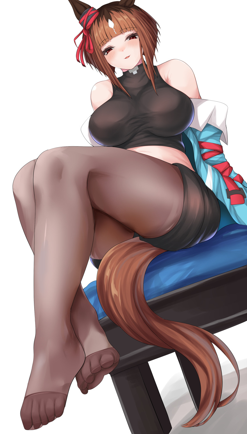 1girl absurdres animal_ears bare_shoulders black_pantyhose black_shirt black_shorts blue_jacket blush breasts brown_hair chair commentary_request cropped_shirt ear_ornament feet highres hisagi_(hisagi00) horse_ears horse_girl horse_tail jacket jacket_partially_removed large_breasts legs midriff multicolored_hair no_shoes on_chair pantyhose parted_lips red_eyes shirt shorts simple_background sitting sleeveless sleeveless_shirt solo streaked_hair tail transcend_(umamusume) umamusume white_background white_hair