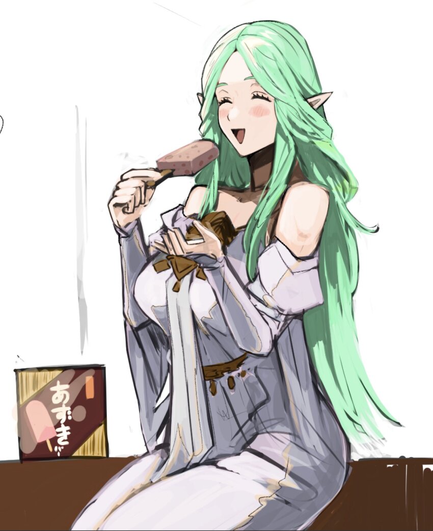 1girl bare_shoulders blush breasts dress eating fire_emblem fire_emblem:_three_houses food green_hair highres holding holding_food ice_cream large_breasts long_hair nintendo open_mouth pointy_ears popsicle rhea_(fire_emblem) sidelocks sitting sleeveless sutekina_yari white_dress