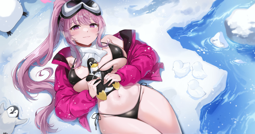 1girl absurdres animal bikini bird black_bikini blue_archive blush breasts closed_mouth eimi_(blue_archive) eimi_(swimsuit)_(blue_archive) gijang goggles goggles_on_head halo highres ice jacket large_breasts linux long_hair long_sleeves looking_at_viewer lying official_alternate_costume official_alternate_hairstyle on_back open_clothes open_jacket penguin pink_eyes pink_hair pink_halo pink_jacket ponytail scarf smile snow solo swimsuit tux water white_scarf