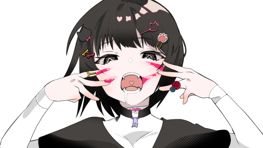 1other animal_(vocaloid) black_choker black_eyes black_hair black_shirt cat_hair_ornament catt_(project_moon) choker drawn_whiskers fangs hair_ornament hair_ribbon heart heart_o-ring heart_ring_choker layered_sleeves long_sleeves madotsuki_ren o-ring o-ring_choker open_mouth paw_hair_ornament pink_ribbon project_moon ribbon shirt short_hair short_over_long_sleeves short_sleeves solo transparent_background wonderlab yellow_ribbon