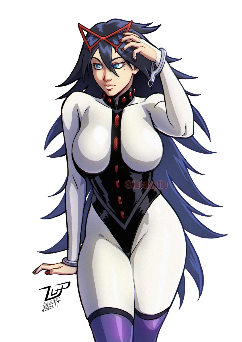 1girl black_hair blue_eyes bodysuit boku_no_hero_academia breastless_clothes breasts broken_handcuffs cuffs dominatrix hair_between_eyes handcuffs highres large_breasts leotard long_hair lucaspflp midnight_(boku_no_hero_academia) mole mole_under_eye solo superhero_costume thighhighs