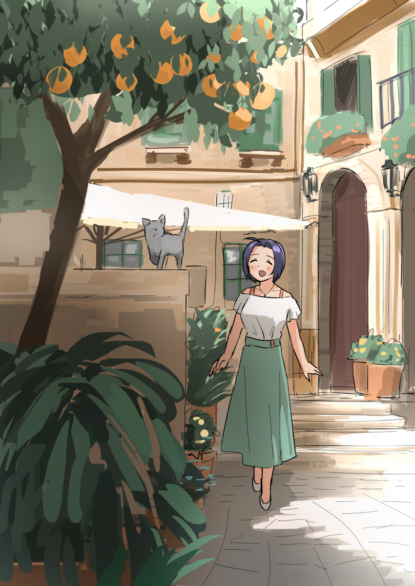 1girl annko building cat closed_eyes day food fruit fruit_tree green_skirt highres idolmaster idolmaster_(classic) jewelry miura_azusa necklace open_mouth orange_(fruit) orange_tree outdoors plant potted_plant purple_hair shirt_tucked_in skirt tree umbrella walking wide_shot