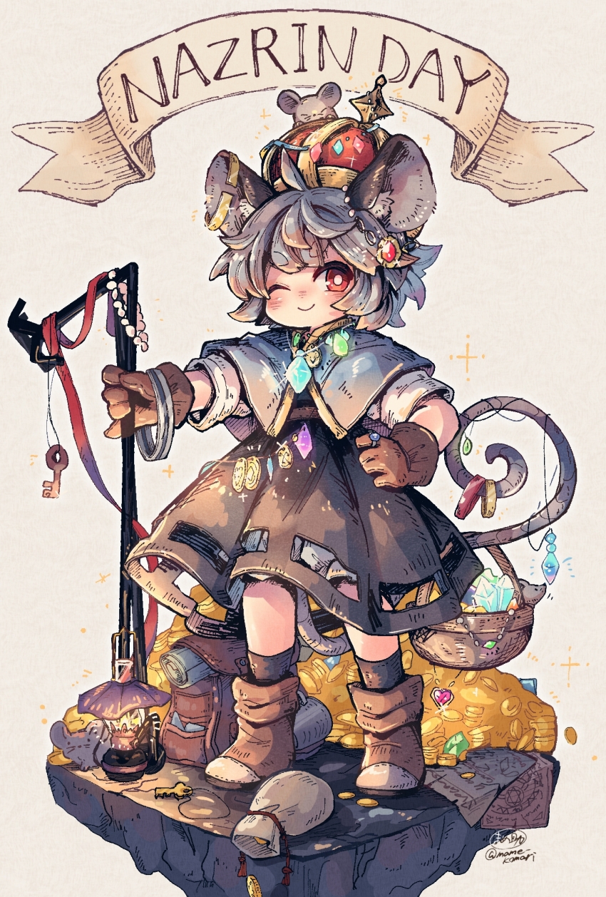 1girl ;) animal_ears backpack bag basket black_skirt black_socks bloomers blush boots brown_boots brown_gloves capelet closed_mouth coin commentary_request crown dowsing_rod full_body gloves grey_capelet grey_hair hand_on_own_hip highres holding holding_weapon jewelry key long_sleeves looking_at_viewer mame_komari mouse_(animal) mouse_ears mouse_girl mouse_tail nazrin nazrin_day necklace one_eye_closed pendant red_eyes red_ribbon ribbon ring shirt short_hair simple_background skirt smile socks solo standing tail thick_eyebrows touhou twitter_username underwear unworn_backpack unworn_bag weapon white_background white_bloomers white_shirt
