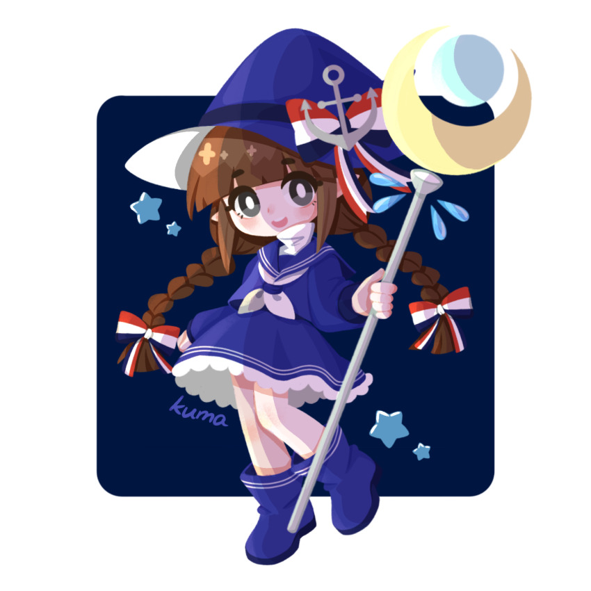 1girl anchor_hat_ornament artist_name blue_boots blue_bow blue_hat blue_sailor_collar blue_serafuku blue_skirt blunt_bangs boots bow braid bright_pupils brown_hair chinese_commentary frilled_skirt frills funamusea grey_eyes hat hat_bow hat_ornament highres holding holding_staff kumakuma_(kumakum48893775) long_hair multicolored_bow neckerchief oounabara_to_wadanohara open_mouth pointy_ears red_bow sailor_collar school_uniform serafuku sidelocks skirt solo staff star_(symbol) teeth transparent_background twin_braids upper_teeth_only wadanohara white_bow white_neckerchief white_pupils witch_hat