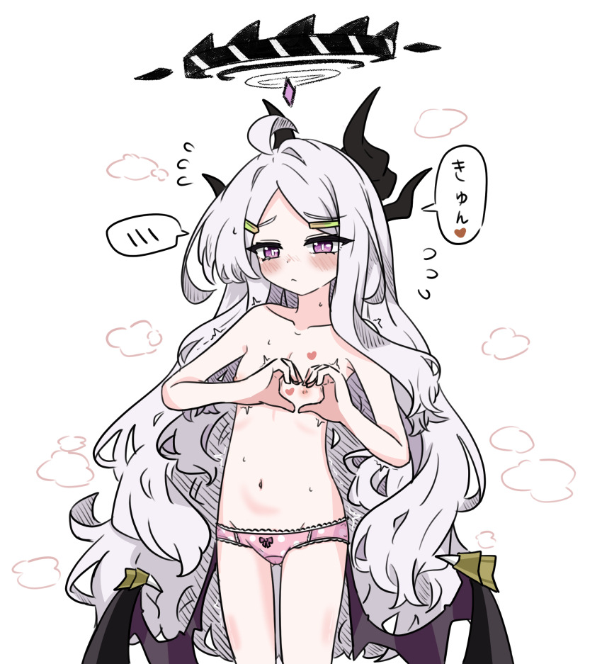 1girl ahoge blue_archive blush e_v_e_neko flat_chest halo heart heart-shaped_boob_challenge heart_hands highres hina_(blue_archive) horns loli long_hair panties pink_panties purple_eyes simple_background solo spoken_blush underwear very_long_hair white_background wings