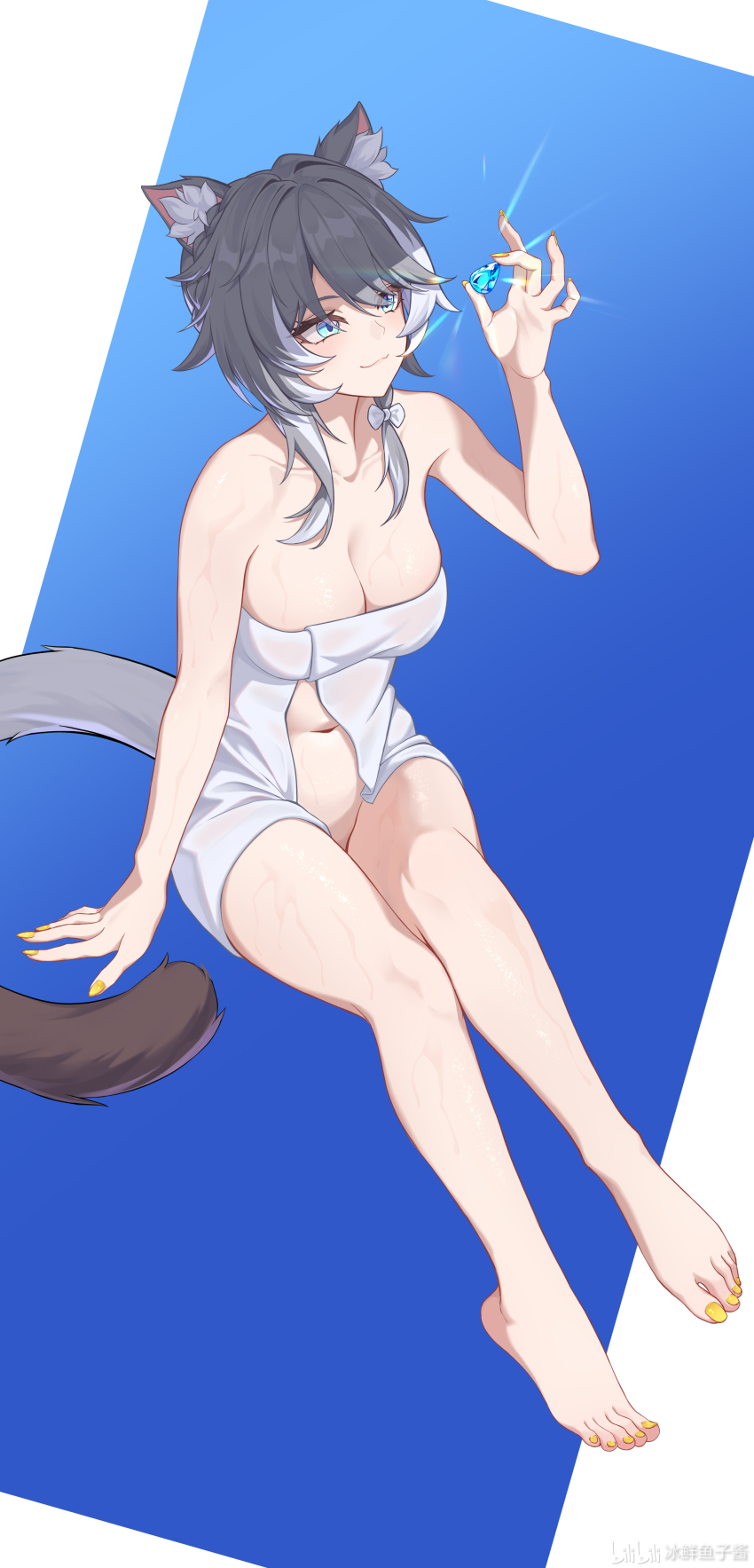 1girl absurdres animal_ear_fluff animal_ears barefoot binghaiankang blue_eyes bow breasts cat_ears cat_tail cipher_(honkai:_star_rail) cleavage gem grey_hair groin hair_bow highres holding holding_gem honkai:_star_rail honkai_(series) nail_polish naked_towel smile solo tail towel white_bow yellow_nails
