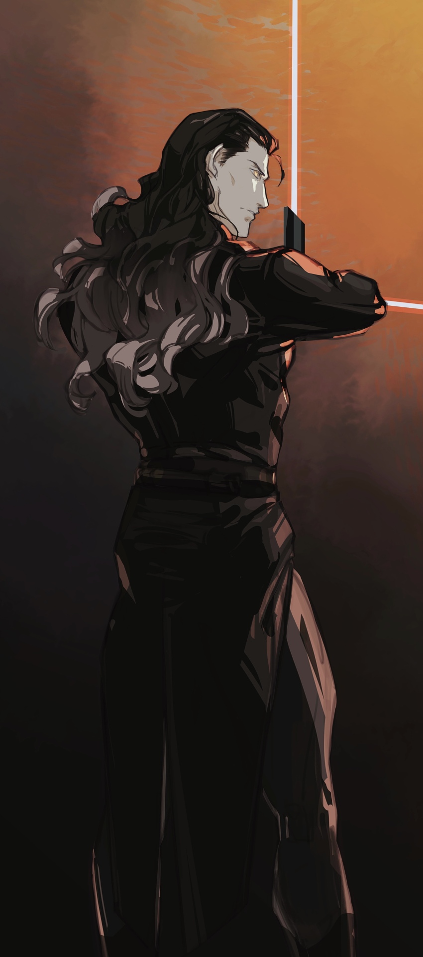 1boy absurdres black_bodysuit black_hair bodysuit energy_sword fate/grand_order fate_(series) from_behind gloves gradient_hair hair_slicked_back highres holding holding_sword holding_weapon lightsaber long_hair looking_at_viewer looking_back male_focus multicolored_hair nikola_tesla_(fate) profile sith solo star_wars sword viscontiapclyps weapon