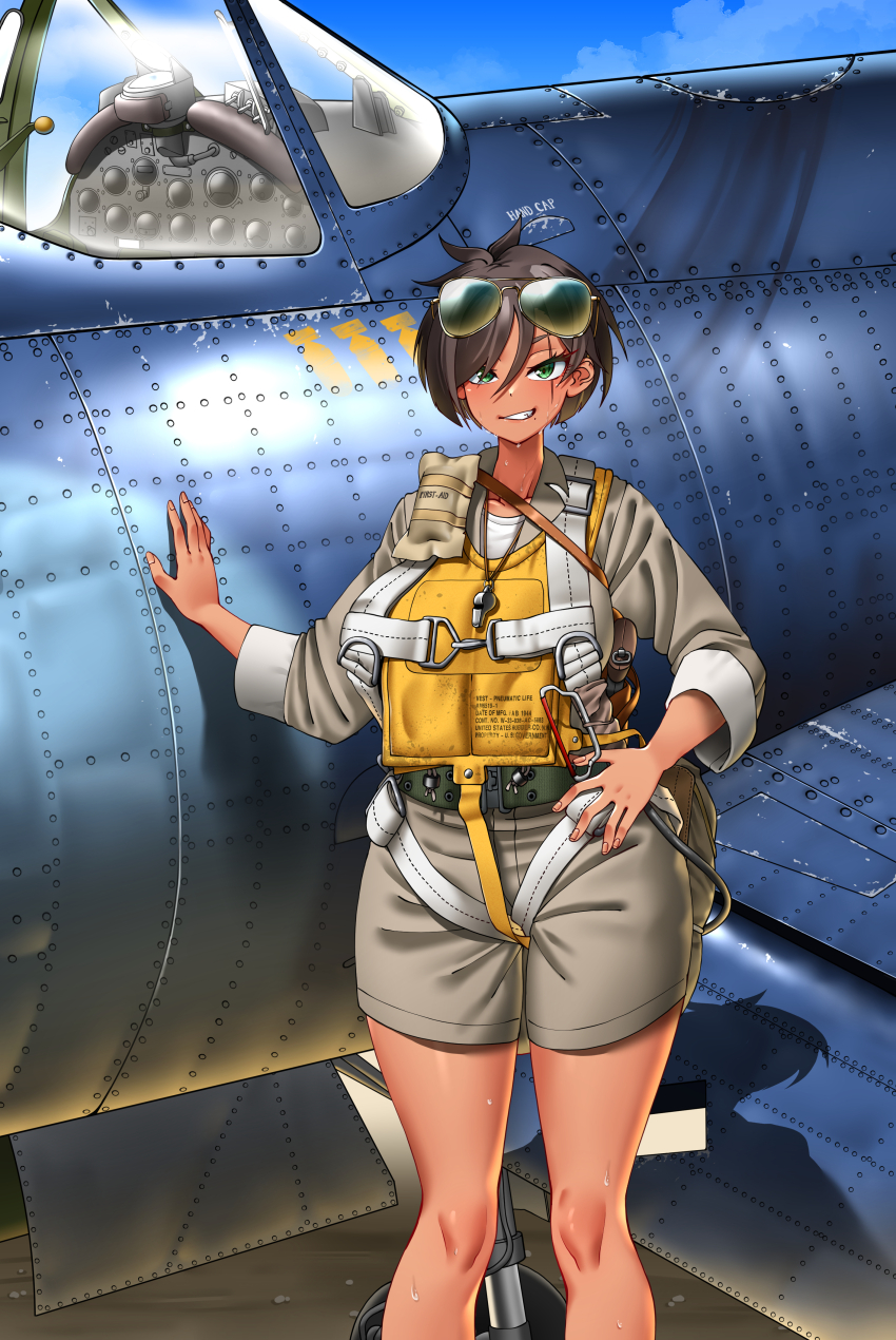 1girl absurdres aircraft airplane aviator_sunglasses brown_hair f4u_corsair fighter_jet flight_suit g-suit green_eyes grin harness highres hitch_(perotoss) military military_vehicle mole mole_under_mouth original pilot propeller_fighter scar scar_across_eye scar_on_face short_hair shorts smile solo sunglasses tomboy united_states_marine_corps whistle whistle_around_neck