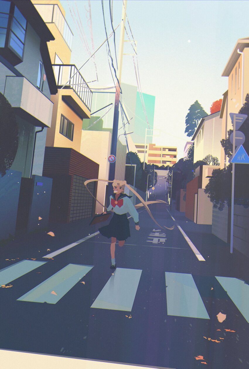 1girl aruksyu bishoujo_senshi_sailor_moon blue_sky bow bowtie bread double_bun food food_in_mouth full_body hair_bun hashtag-only_commentary highres outdoors red_bow red_bowtie running school_uniform skirt sky solo tsukino_usagi twintails