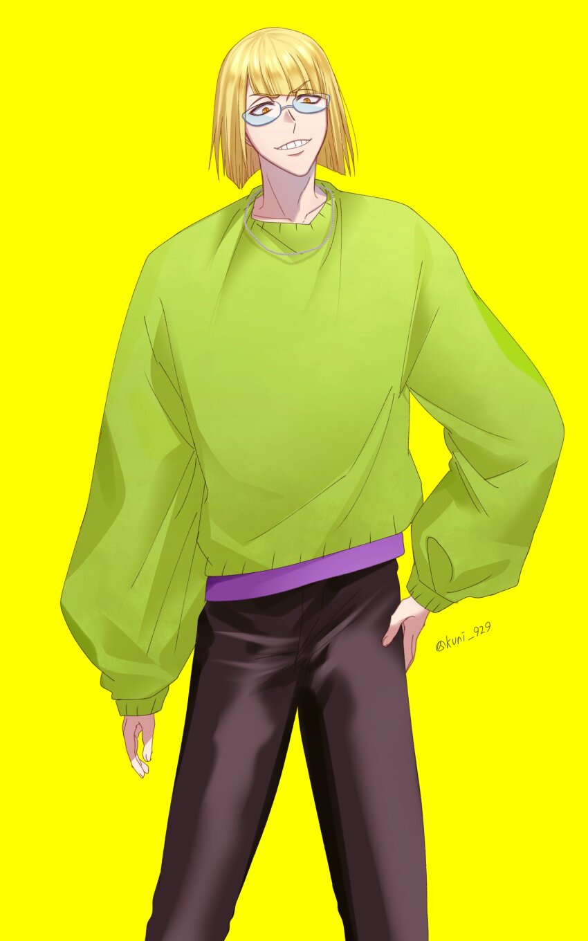 1boy absurdres alternate_costume bespectacled black_panties bleach bleach:_sennen_kessen-hen blonde_hair blunt_bangs blunt_ends bob_cut brown_eyes casual commentary_request feet_out_of_frame glasses green_sweater grin hand_on_own_hip highres hirako_shinji kuni_929 long_sleeves looking_at_viewer male_focus panties puffy_long_sleeves puffy_sleeves short_hair simple_background smile solo standing sweater twitter_username underwear v-shaped_eyebrows yellow_background
