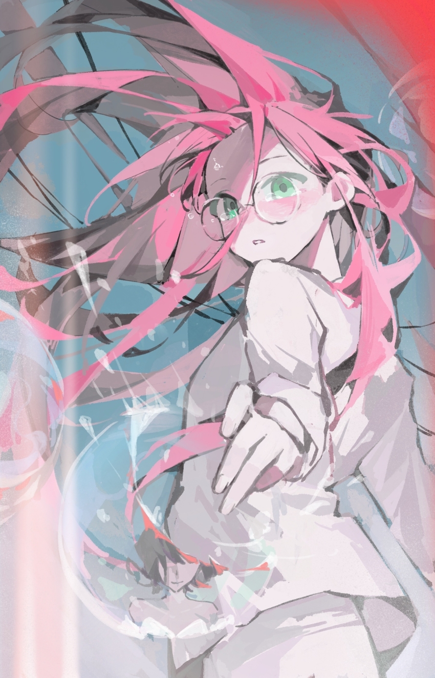 2girls alien_stage bubble chinese_commentary commentary crying crying_with_eyes_open floating_tears glasses green_eyes highres long_hair long_sleeves mizi_(alien_stage) multiple_girls outstretched_arm pants parted_lips pink_hair round_eyewear shirt solo_focus sua_(alien_stage) tears very_long_hair white_pants white_shirt yu_bai_zhi