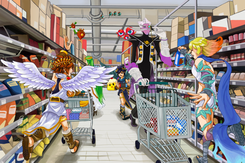 2girls 3boys angel angel_wings anonymoose arlon_(kid_icarus) arlon_(kid_icarus) black_hair blonde_hair blue_scarf colored_skin dark_pit facial_hair indoors kid_icarus kid_icarus_uprising long_hair looking_at_another monocle monoeye multicolored_hair multiple_boys multiple_girls mustache nintendo nintendo_switch nutski orange_hair phosphora pit_(kid_icarus) purple_skin reapette scarf shopping shopping_cart souflee standing supermarket two-tone_hair very_long_hair white_hair wings