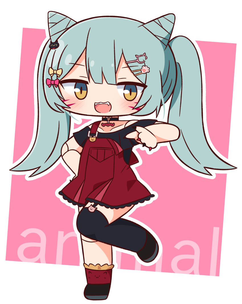 1girl :d animal_(vocaloid) asymmetrical_legwear black_choker black_nails black_shirt black_shoes black_thighhighs blue_hair blush bow brown_eyes cat_hair_ornament chibi choker commentary copyright_name dress facial_mark fangs full_body garter_straps hair_bow hair_ornament hairclip hana_kazari hatsune_miku heart heart_choker highres long_hair looking_at_viewer multicolored_nails nail_polish off-shoulder_shirt off_shoulder open_mouth outline paw_hair_ornament pink_background pink_bow red_dress red_nails red_socks shirt shoes short_sleeves smile socks solo standing standing_on_one_leg thighhighs twintails two-tone_background very_long_hair vocaloid whisker_markings white_background white_outline yellow_bow