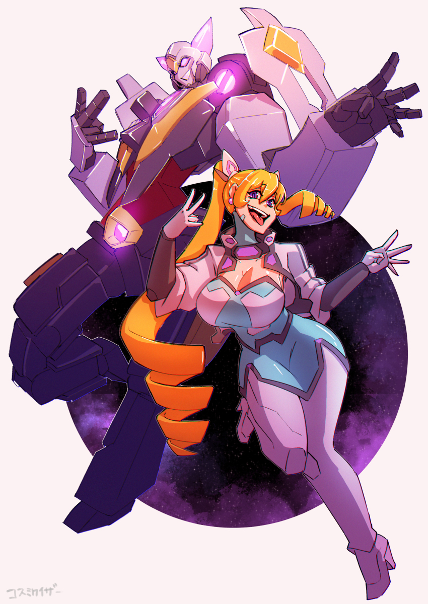 1girl absurdres artist_name blue_bodysuit bodysuit breasts commentary cosmikaizer drill_hair english_commentary galatikaizer_(comsikaizer) gloves glowing glowing_eyes grey_footwear grey_gloves high_heels highres lana_branford_(cosmikaizer) large_breasts leg_up mecha open_hands open_mouth original pilot_suit purple_eyes robot science_fiction smile tongue tongue_out twin_drills twintails uneven_twintails
