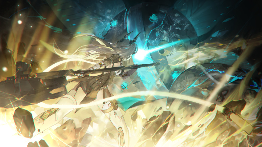 1girl absurdres armpit_crease backless_bodysuit black_bodysuit blue_eyes bodysuit boots cable clothing_cutout debris duel electricity faceoff fighting fighting_stance floating_hair from_behind glowing glowing_eye glowing_weapon hair_ornament hammer highres holding holding_hammer holding_weapon joints karenina:_scire_(pgr) karenina_(pgr) leotard long_hair mechanical_arms mechanical_legs non-humanoid_robot official_art official_wallpaper one-eyed polearm punishing:_gray_raven robot robot_joints thigh_boots thigh_cutout twintails war_hammer weapon white_bodysuit white_footwear white_hair xiao_feng
