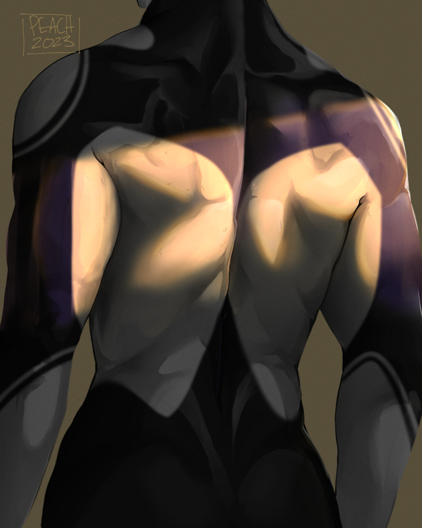 1boy arms_at_sides artist_name back back_focus colored_skin dated from_behind grey_background head_out_of_frame highres male_focus multicolored_skin peach-cup purple_skin shin_ultraman signature simple_background solo standing two-tone_skin ultra_series upper_body white_skin zoffy_(shin)