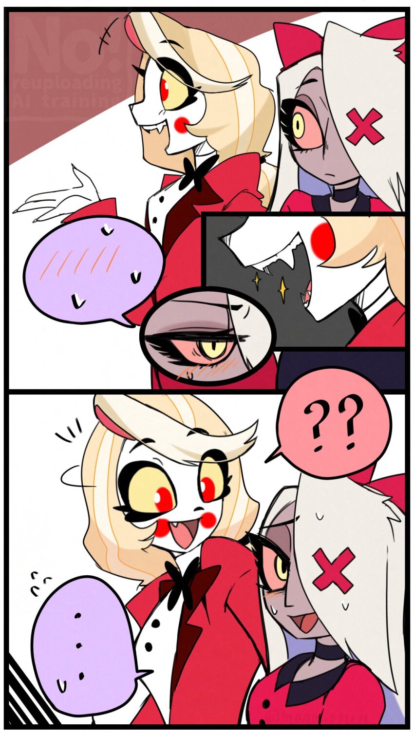 2girls blonde_hair bow charlie_morningstar colored_sclera colored_skin couple demon_boy demon_girl dress grey_hair grey_skin hair_bow hazbin_hotel highres long_hair looking_at_another mono_rnrn multiple_girls pink_sclera red_eyes sharp_teeth smile teeth vaggie white_skin yellow_eyes yuri