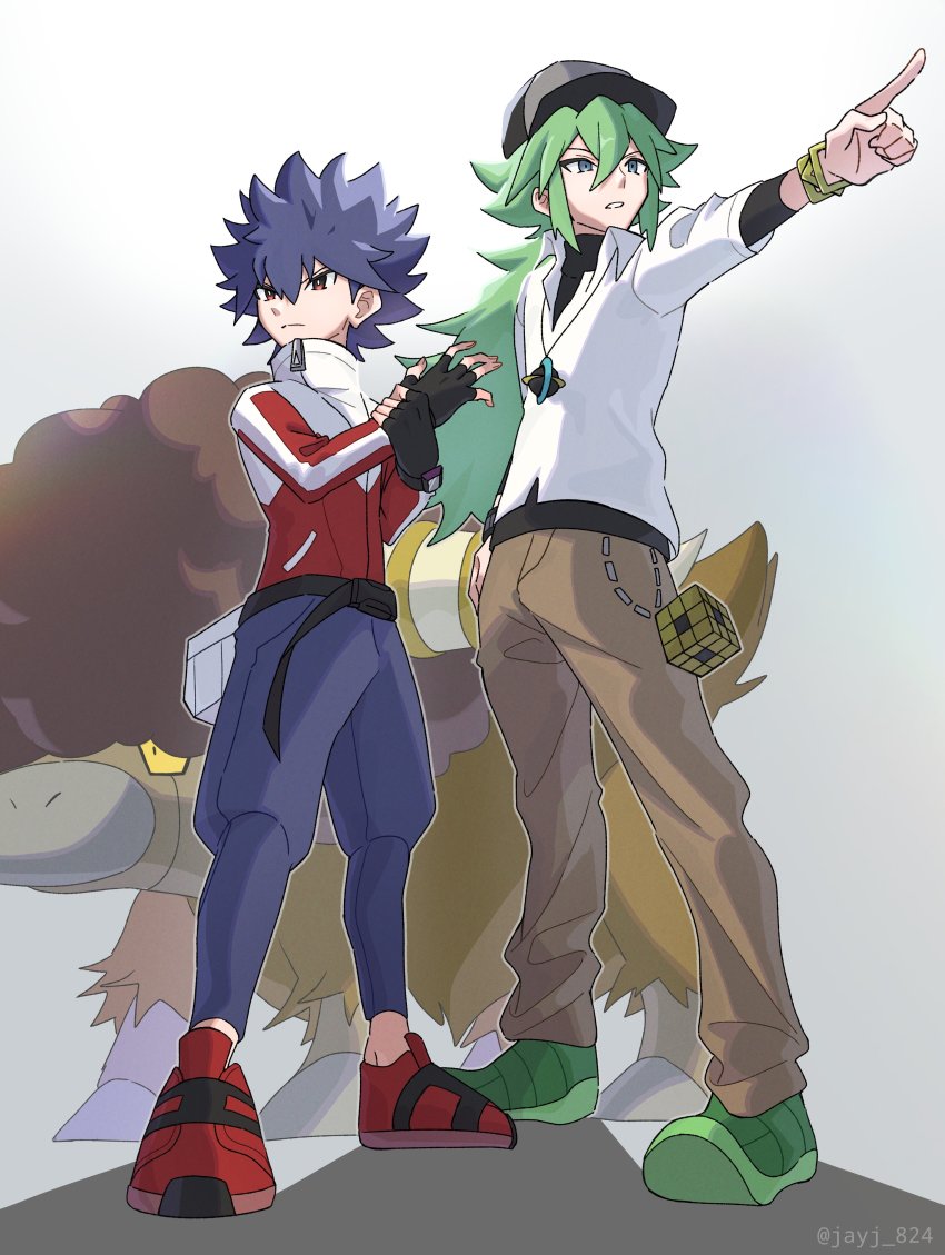 2boys absurdres bangle belt black_belt black_gloves black_hair black_headwear bouffalant bracelet brown_pants closed_mouth collared_shirt commentary_request fingerless_gloves frown gen_5_pokemon gloves green_footwear green_hair hair_between_eyes hat high_collar highres hugh_(pokemon) jacket jayj_824 jewelry long_hair male_focus multiple_boys n_(pokemon) nintendo outstretched_arm pants parted_lips pointing pokemon pokemon_(creature) pokemon_bw2 puffy_pants red_footwear shirt shoes short_hair spiked_hair standing twitter_username undershirt watermark white_shirt zipper_pull_tab