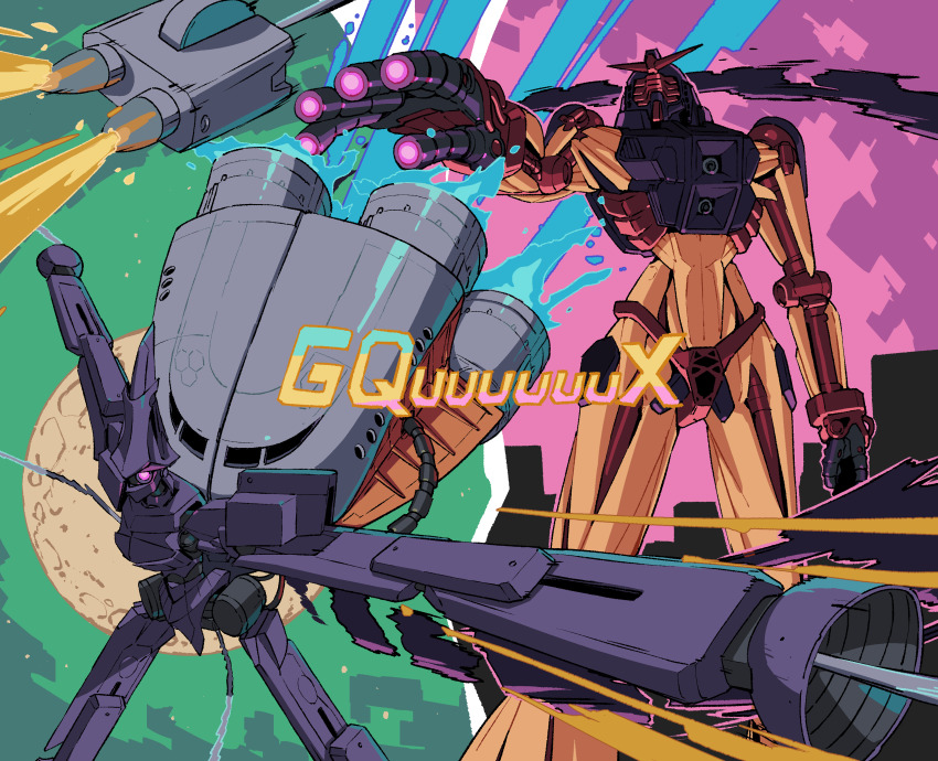 absurdres aiming battle beam_cannon building cable chest_cannon cityscape commentary_request earth_federation energy_field fake_screenshot finger_cannon firing floating flying funnels_(gundam) gundam gundam_gquuuuuux highres kikeroga_(gquuuuuux) kitano_yuusuke machinery mecha mecha_focus mobile_armor mobile_suit moon no_humans one-eyed psycho_gundam_(gquuuuuux) reactive_armor robot science_fiction thrusters title v-fin zeon