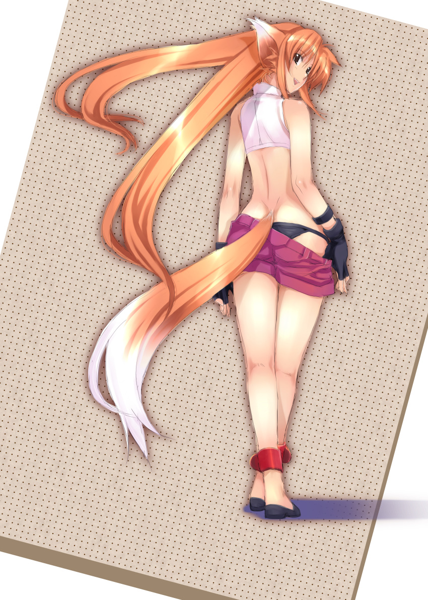 1girl :d absurdres animal_ears arf ass black_gloves black_panties brown_eyes brown_hair butt_crack clothes_pull crop_top fingerless_gloves floating_hair from_behind gloves highres long_hair looking_at_viewer looking_back lyrical_nanoha mahou_shoujo_lyrical_nanoha mikazuki_akira! open_mouth panties pulling_own_clothes purple_shorts short_shorts shorts shorts_pull smile solo standing tail underwear very_long_hair wolf_ears wolf_girl wolf_tail