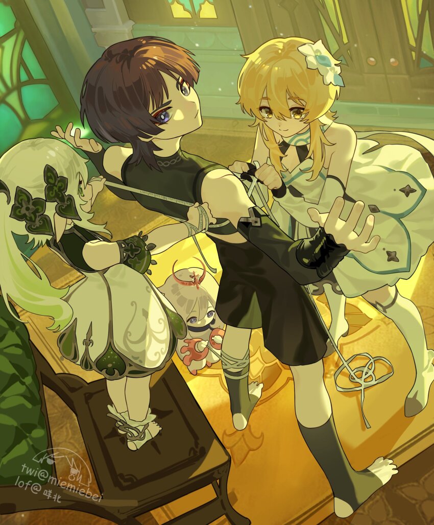 1boy 3girls anklet armlet armor black_bridal_gauntlets black_hair black_scarf black_shirt black_shorts blonde_hair blue_trim blunt_ends bridal_gauntlets bright_pupils chair closed_mouth detached_sleeves door doorway dress eyelashes eyeliner eyeshadow from_above genshin_impact gold gold_trim green_eyes green_hair green_sleeves grey_pupils hair_between_eyes hair_ornament halo halterneck heart heart_hair_ornament highres indoors japanese_armor jewelry kote kurokote lofter_username long_hair long_sleeves looking_at_another looking_back lumine_(genshin_impact) makeup measuring mechanical_halo middle_eastern_architecture miemiebei multicolored_hair multiple_girls nahida_(genshin_impact) on_chair open_hands outstretched_arms paimon_(genshin_impact) pointy_ears purple_eyes red_eyeliner red_eyeshadow scaramouche_(genshin_impact) scarf shirt short_hair short_hair_with_long_locks shorts side_ponytail sidelocks smile socks split_mouth spread_arms squatting standing standing_on_chair stirrup_footwear stirrup_legwear streaked_hair tape_measure thighhighs toeless_legwear toes tsurime twitter_username wanderer_(genshin_impact) white_dress white_hair white_pupils white_romper white_scarf white_sleeves white_socks white_thighhighs window yellow_eyes
