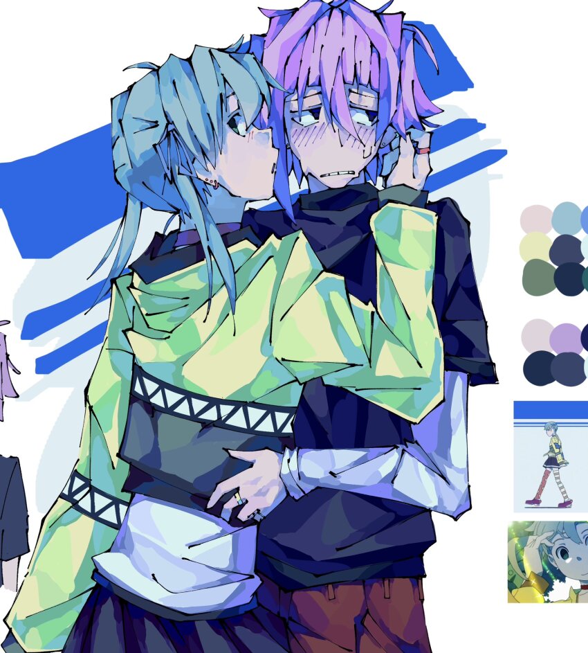 1girl 1other alternate_costume alternate_hair_color anime_screenshot_inset averting_eyes blue_background color_guide commentary cowboy_shot crona_(soul_eater) ear_piercing earrings english_commentary green_hair hand_in_another&#039;s_hair hand_on_another&#039;s_back highres inset jewelry kaligraphy maka_albarn official_alternate_costume other_with_female piercing pink_hair ring short_hair short_twintails soul_eater sweatdrop twintails