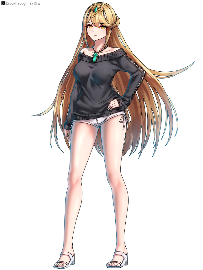 1girl absurdres alternate_costume bare_shoulders black_sweater blonde_hair breasts chest_jewel core_crystal_(xenoblade) full_body highres large_breasts long_hair looking_at_viewer mythra_(xenoblade) off-shoulder_sweater off_shoulder riro_(breakthrough_rr) shorts simple_background smile solo sweater tiara very_long_hair white_background white_shorts xenoblade_chronicles_(series) xenoblade_chronicles_2 yellow_eyes