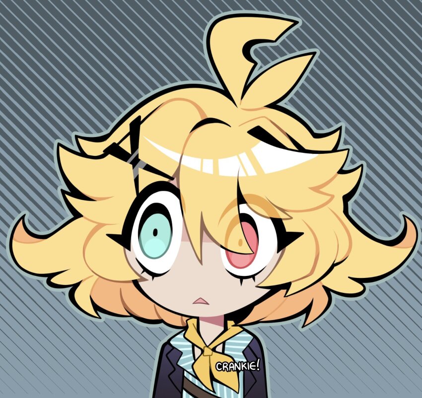 1girl ahoge aqua_background aqua_eyes aqua_shirt black_jacket blonde_hair chibi crankie dokibird_(vtuber) dokibird_(vtuber)_(bounty_hunter) hair_ornament hairclip heterochromia highres indie_virtual_youtuber jacket medium_hair meme open_clothes open_jacket red_eyes rejection_reaction_(meme) shaded_face shirt signature solo triangle_mouth virtual_youtuber