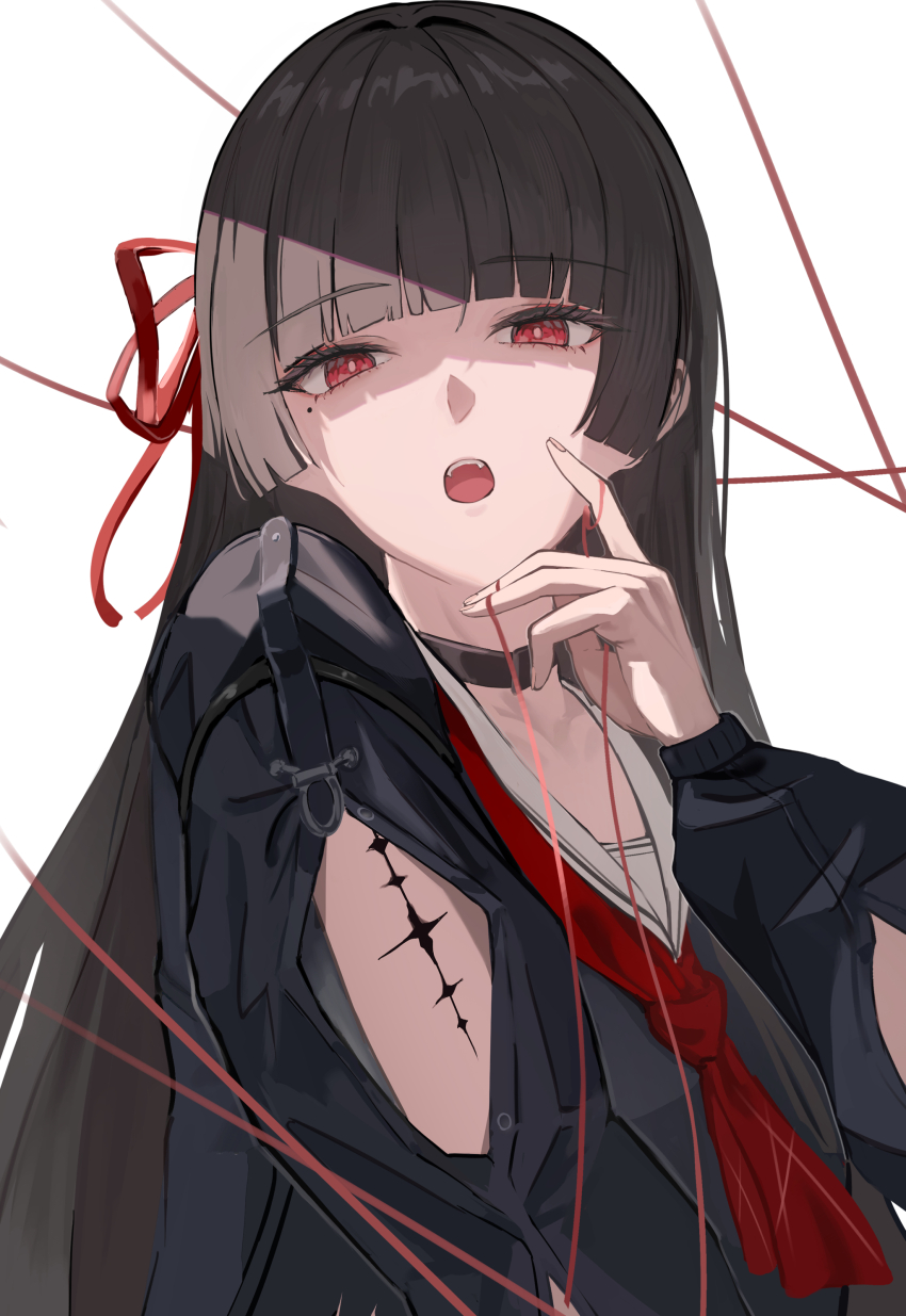 1girl absurdres arm_cutout black_choker black_hair black_shirt blunt_bangs chisa_(wuthering_waves) choker clothing_cutout commentary duplicate hair_ribbon hand_up highres long_hair long_sleeves looking_at_viewer mole mole_under_eye neckerchief oiro_ik open_mouth pixel-perfect_duplicate red_eyes red_neckerchief red_ribbon ribbon sailor_collar shirt simple_background solo tacet_mark_(wuthering_waves) upper_body white_background white_sailor_collar wuthering_waves
