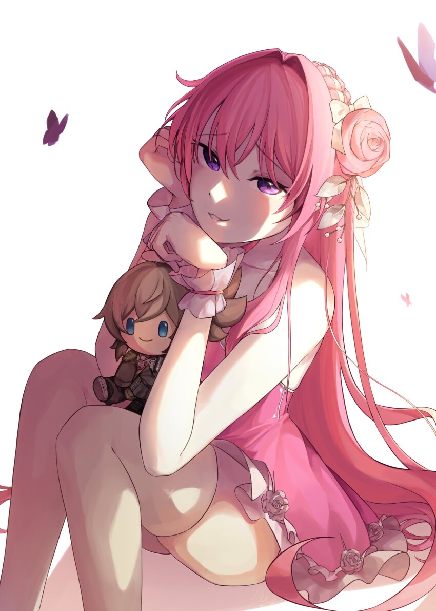1girl absurdres bare_shoulders blush braid bug butterfly character_doll collarbone dorothy_(nikke) dorothy_(nostalgia)_(nikke) dress goddess_of_victory:_nikke grin hair_bun hair_ribbon halter_dress halterneck highres insect leamun long_hair looking_at_viewer official_alternate_costume pink_dress pink_hair pinne_(nikke) purple_eyes ribbon sitting smile solo white_ribbon
