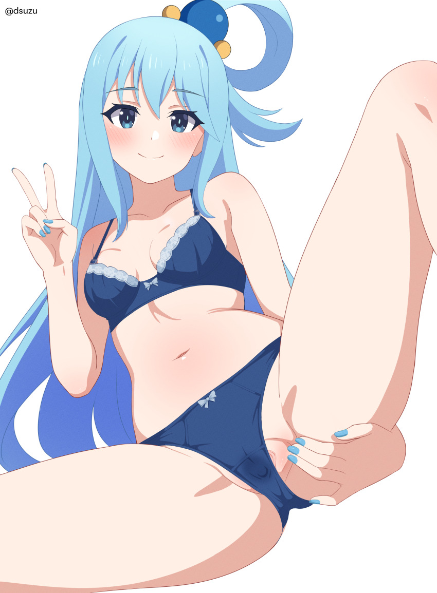 1girl absurdres aqua_(konosuba) blue_bra blue_eyes blue_hair blue_panties blush bra breasts dsuzu hair_ornament hair_rings highres kono_subarashii_sekai_ni_shukufuku_wo! long_hair looking_at_viewer medium_breasts panties simple_background smile solo spread_legs spread_pussy underwear white_background