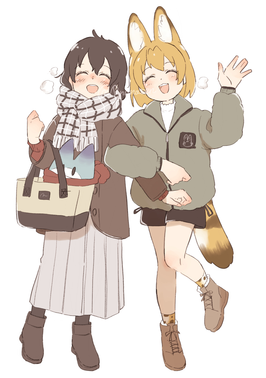 0nanaten 2girls absurdres alternate_costume animal_ears animal_print bag black_hair black_pantyhose black_shorts blonde_hair blush boots breath brown_coat brown_footwear casual cat_ears cat_girl cat_tail closed_eyes coat collar extra_ears frilled_collar frills fur_trim grey_coat grey_scarf grey_skirt hair_between_eyes handbag highres kaban_(kemono_friends) kemono_friends locked_arms long_skirt long_sleeves lucky_beast_(kemono_friends) multiple_girls open_mouth pantyhose plaid_clothes plaid_scarf pleated_skirt print_socks red_scarf red_sweater scarf serval_(kemono_friends) short_hair short_shorts shorts sidelocks skirt smile socks standing standing_on_one_leg sweater tail turtleneck turtleneck_sweater waving white_fur white_sweater winter_clothes