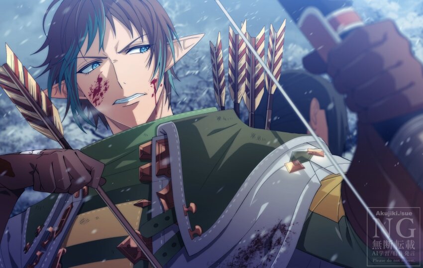 2boys akujiki59 arrow_(projectile) back-to-back blood blood_on_face blue_eyes bow_(weapon) brown_gloves brown_hair clenched_teeth elezen elf final_fantasy final_fantasy_xiv furrowed_brow gloves guydelot_thildonnet holding holding_arrow holding_bow_(weapon) holding_weapon hyur looking_to_the_side male_focus multicolored_hair multiple_boys pointy_ears sanson_smyth short_hair snowing solo_focus teeth two-tone_hair v-shaped_eyebrows weapon