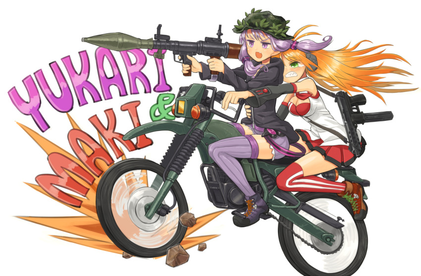 2girls aiming antenna_hair black_hoodie blonde_hair blush boonie_hat boots breasts camouflage camouflage_headwear character_name cleavage clenched_teeth commentary_request detached_sleeves dress driving fang floating_hair from_side full_body green_eyes grimace gun hand_on_another&#039;s_waist hat headphones holding holding_rocket_launcher holding_weapon hood hood_down hoodie large_breasts long_hair long_sleeves looking_ahead miniskirt motor_vehicle motorcycle multiple_girls multiple_riders open_clothes open_mouth open_shirt outstretched_arm purple_dress purple_eyes purple_hair purple_thighhighs red_skirt red_thighhighs rock rocket_launcher rpg rpg-7 rpg_(weapon) samaru_(seiga) sharp_teeth shirt short_dress short_hair_with_long_locks shoulder_strap simple_background skirt sleeveless sleeveless_shirt submachine_gun tearing_up teeth thighhighs tsurumaki_maki v-shaped_eyebrows vocaloid voiceroid weapon white_shirt yuzuki_yukari