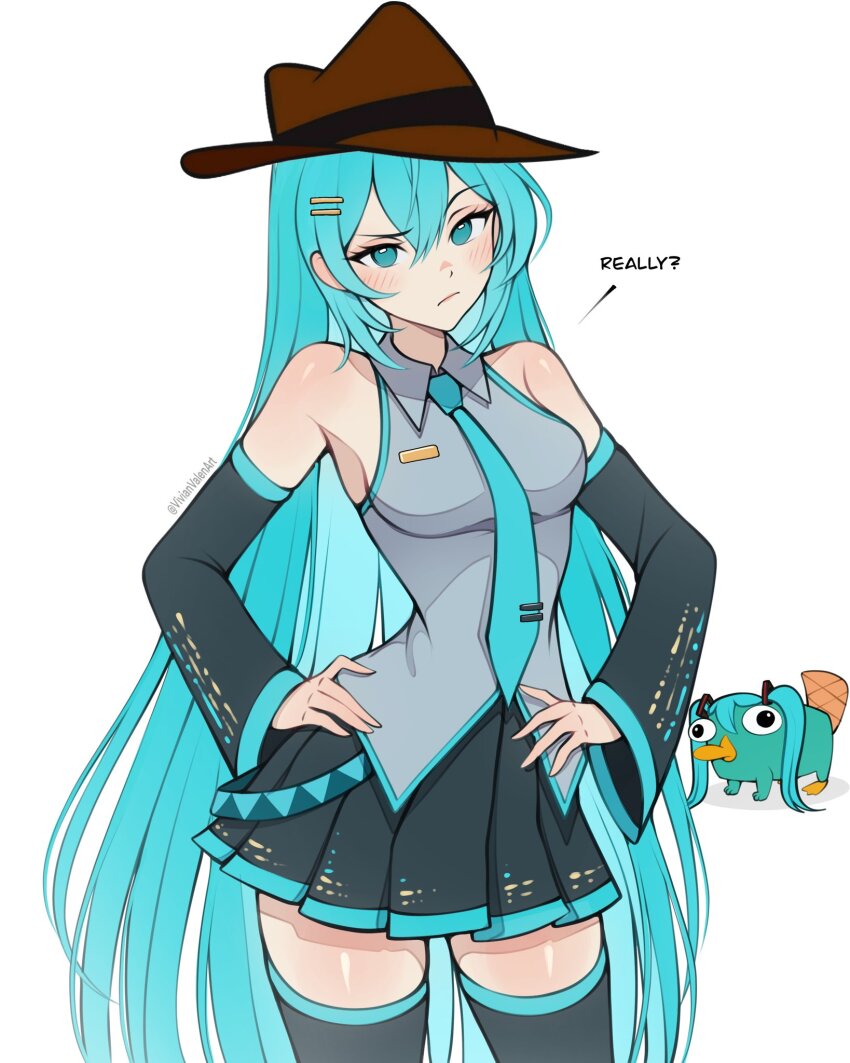 1girl alternate_hairstyle animal aqua_eyes aqua_hair aqua_necktie black_skirt black_thighhighs breasts commentary english_commentary english_text fedora grey_shirt hair_ornament hairclip hands_on_own_hips hat hatsune_miku highres looking_at_viewer medium_breasts miniskirt necktie perry_the_platypus phineas_and_ferb raised_eyebrow shirt skirt thighhighs twintails vivianvalenart vocaloid white_background