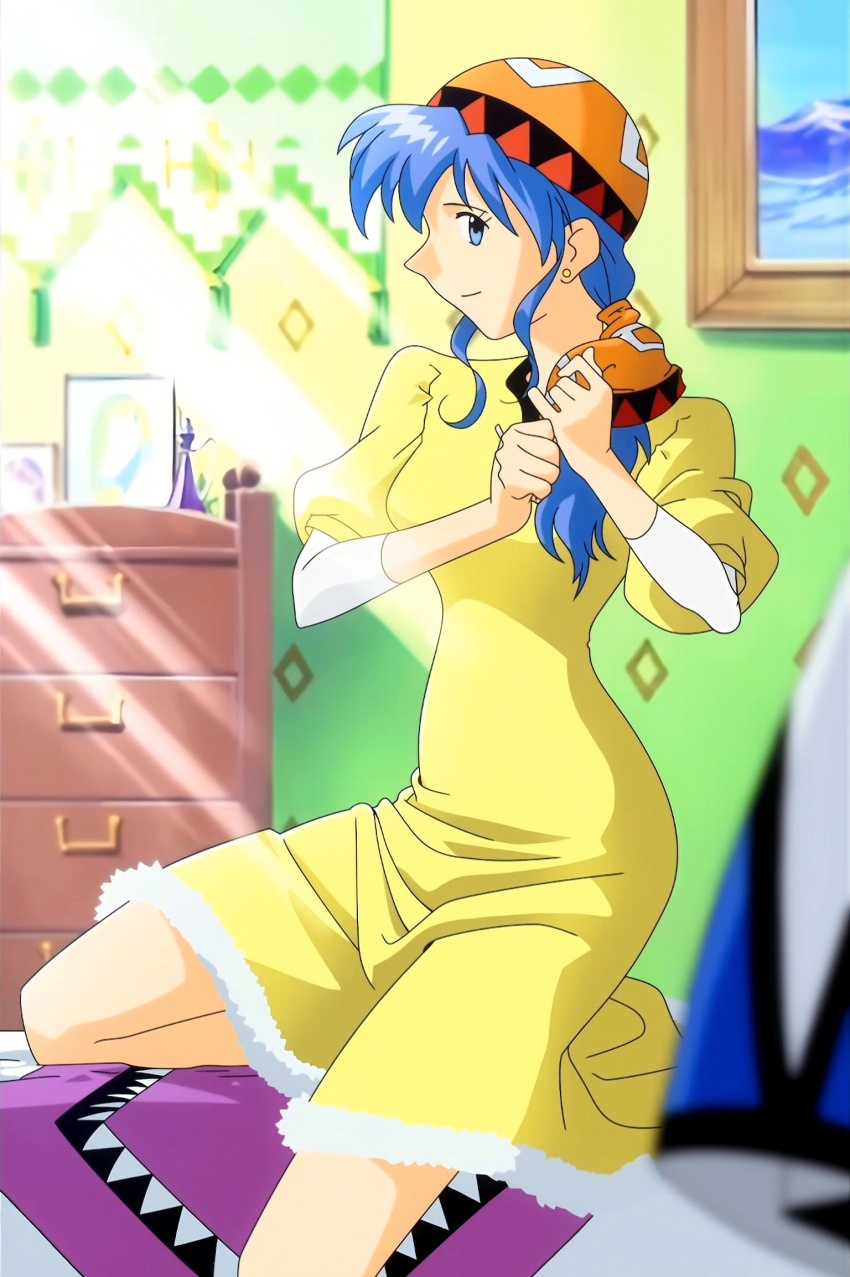 bandana bedroom blue_eyes blue_hair bromide dress dresser fixing_hair highres looking_at_viewer luna_noah lunar lunar:_the_silver_star official_art on_bed ponytail side_ponytail smile yellow_dress