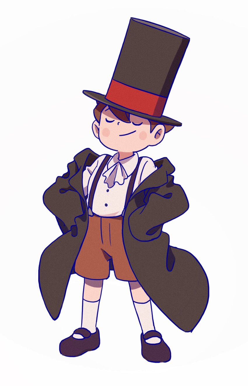 1boy ascot bleu_calire blush brown_hair brown_hat brown_jacket brown_shoes brown_shorts closed_mouth collared_shirt cosplay facing_viewer full_body hands_on_own_hips hat hershel_layton hershel_layton_(cosplay) highres jacket long_sleeves luke_triton male_focus open_clothes open_jacket oversized_clothes professor_layton shirt shoes short_hair shorts simple_background sleeves_past_fingers sleeves_past_wrists smile socks solo standing suspenders top_hat white_ascot white_background white_shirt white_socks