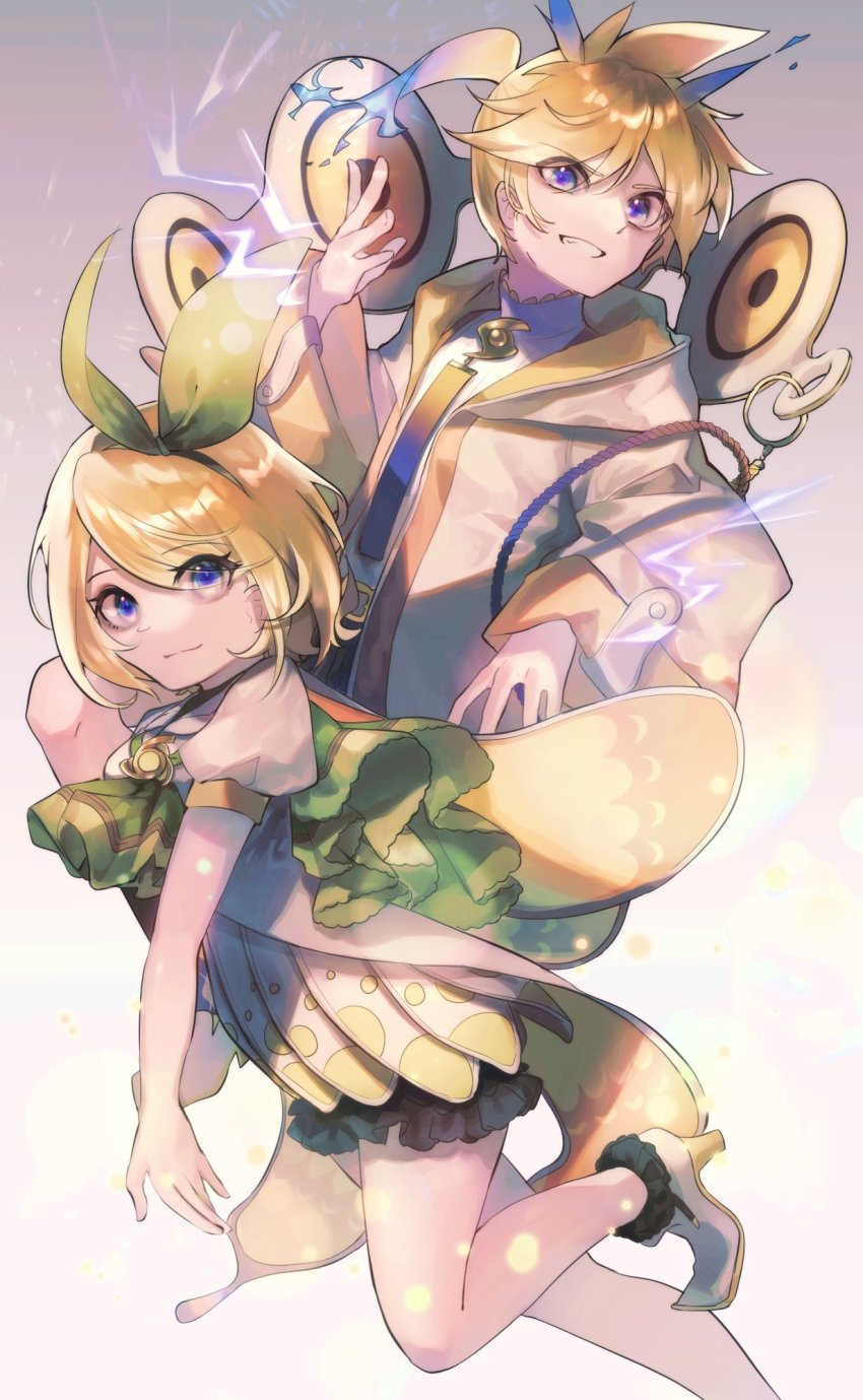1boy 1girl black_skirt blonde_hair blue_eyes blue_neckwear bow capelet commentary dress electricity green_bow green_capelet grin hair_bow hand_up high_heels highres hood hooded_jacket jacket kagamine_len kagamine_rin leg_up light_smile looking_at_viewer magical_mirai_(vocaloid) magical_mirai_len magical_mirai_len_(2021) magical_mirai_rin magical_mirai_rin_(2021) medallion miniskirt mipi necktie short_hair short_sleeves skirt smile speaker spiked_hair vocaloid white_dress white_jacket wings