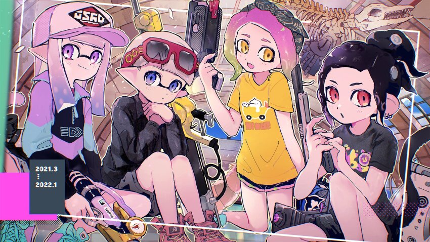 1boy 2021 2022 3girls arm_up baseball_cap black_hair black_jacket black_shirt black_shorts black_tail black_tongue bloblobber_(splatoon) blonde_hair blue_eyes blue_footwear blue_hair cat_tail chromatic_aberration closed_mouth clothes_writing commentary_request dolphin_shorts e-liter_4k_(splatoon) earrings eyewear_on_head fox_tail gradient_hair green_hair grey_bandana hat highres holding holding_weapon hoop_earrings inkling inkling_(language) inkling_boy inkling_girl inkling_player_character jacket jewelry long_hair looking_at_viewer medium_hair multicolored_hair multicolored_jacket multiple_girls n-zap_(splatoon) nintendo octoling octoling_girl octoling_player_character ogi_no_hi open_mouth own_hands_together parted_bangs pink_hair pink_trim pointy_ears ponytail print_shirt purple_eyes rapid_blaster_(splatoon) red-framed_eyewear red_eyes red_footwear shirt short_hair shorts sidelocks sitting smile splash-o-matic_(splatoon) splatoon_(series) splattershot_(splatoon) splattershot_jr._(splatoon) sunglasses tail tentacle_hair two-tone_hair unworn_eyewear weapon yellow_eyes yellow_shirt zipper zipper_pull_tab