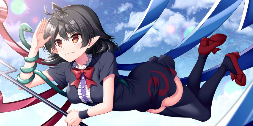 1girl ahoge arm_up asymmetrical_wings black_dress black_hair black_thighhighs blue_eyes blue_wings bow bowtie breasts center_frills closed_mouth cloud commentary dress english_commentary flying frills full_body game_cg highres holding holding_polearm holding_weapon houjuu_nue lens_flare medium_breasts official_art outdoors pointy_ears polearm red_bow red_bowtie red_eyes red_shoes red_wings sakura_tsubame shoes short_sleeves snake solo thighhighs third-party_source touhou touhou_lostword trident weapon wings zettai_ryouiki