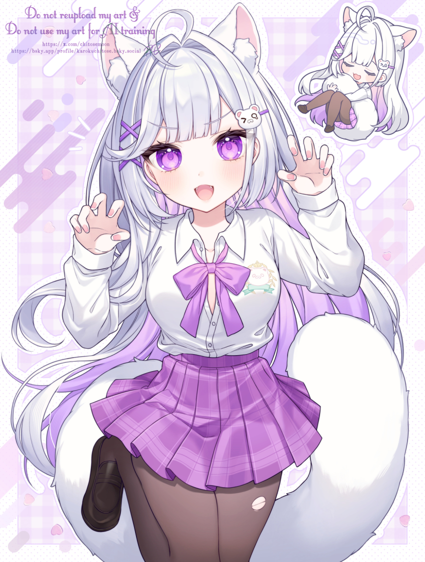1girl :d ahoge animal_ear_fluff animal_ears black_shoes bow breasts brown_pantyhose chibi claw_pose closed_eyes collared_shirt commentary_request commission dress_shirt egasumi english_text fangs grey_hair hair_intakes hair_ornament hairclip hands_up highres hugging_tail karokuchitose knees_together_feet_apart loafers long_hair long_sleeves medium_breasts multiple_views open_mouth original pantyhose plaid_background plaid_clothes plaid_skirt pleated_skirt puffy_long_sleeves puffy_sleeves purple_bow purple_eyes purple_skirt shirt shoes skeb_commission skirt sleeves_past_wrists smile tail torn_clothes torn_pantyhose v-shaped_eyebrows very_long_hair watermark web_address white_shirt x_hair_ornament