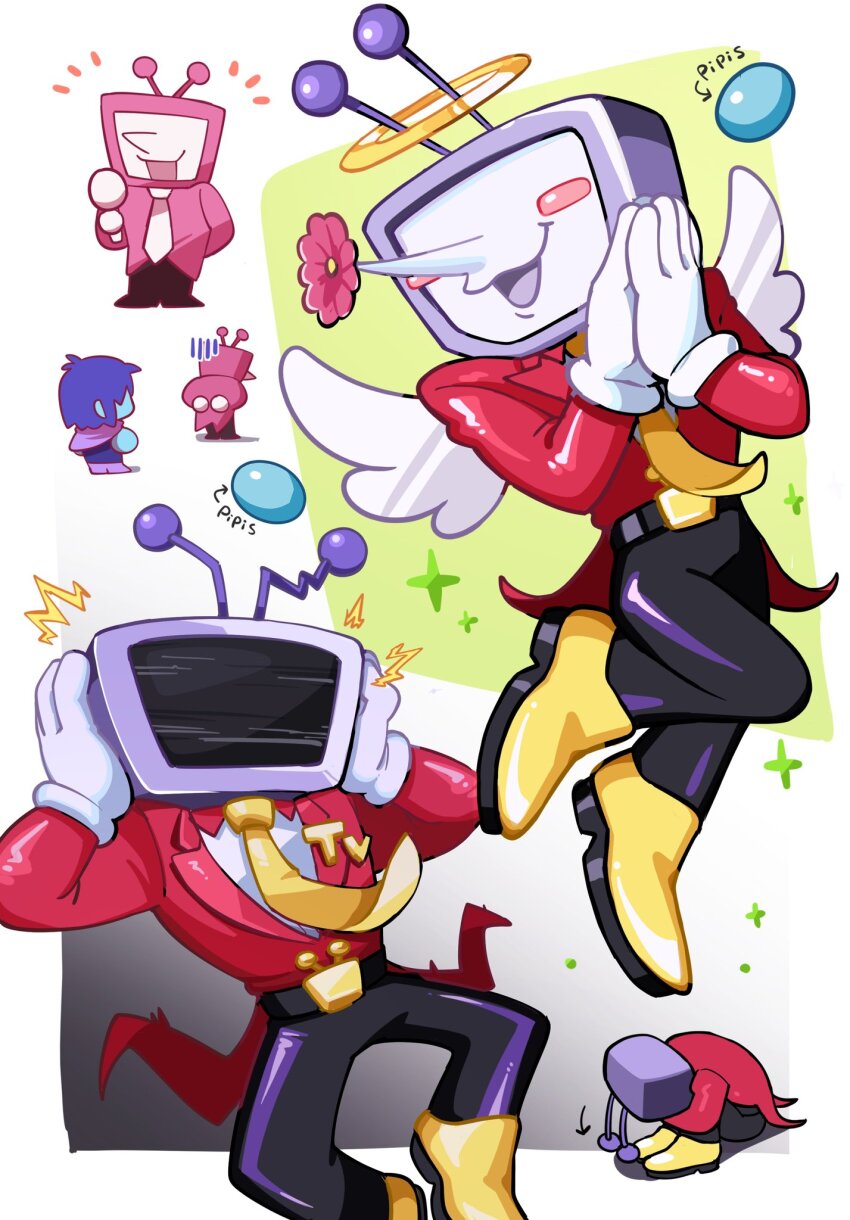 1boy 1other angel_wings ant_tenna belt black_belt black_pants blue_hair blue_skin blush_stickers chibi chibi_inset clutching_head colored_skin crt deltarune flower gloom_(expression) gloves halo hands_on_own_head highres hugging_own_legs kris_(dark_world)_(deltarune) kris_(deltarune) multiple_views necktie notice_lines object_head oimo64 pants pipis_(deltarune) pointy_nose shoes smile sparkle static_electricity tailcoat white_gloves wings yellow_halo yellow_necktie yellow_shoes