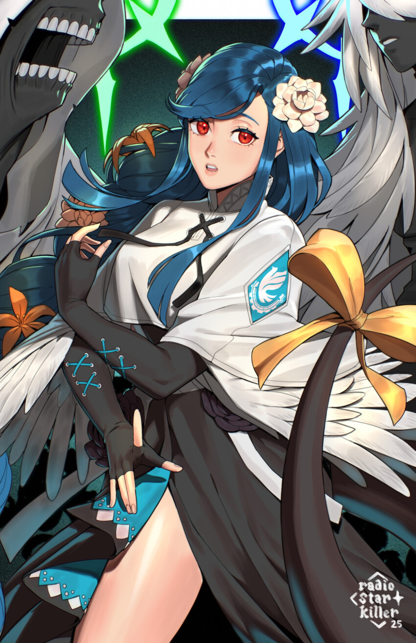 1girl angel_wings animal bird black_dress black_gloves blue_hair braid braided_ponytail dizzy_(guilty_gear) dress elbow_gloves fingerless_gloves flower gloves guilty_gear guilty_gear_strive hair_flower hair_ornament highres holding holding_animal looking_at_viewer mature_female necro_(guilty_gear) open_mouth queen_dizzy radiostarkiller red_eyes swept_bangs tail undine_(guilty_gear) upper_body wings