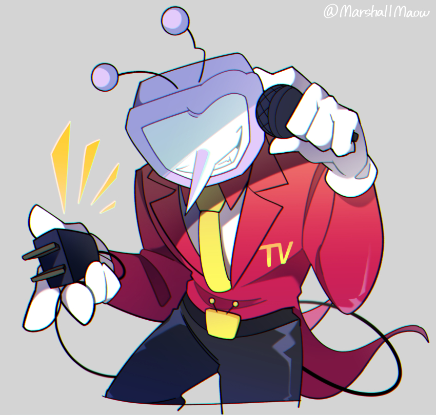 1boy ant_tenna belt black_belt black_pants cropped_legs crt deltarune electric_plug electric_plug_tail gloves grey_background grin highres holding holding_microphone male_focus microphone necktie nnsn_gnbe object_head pants pointy_nose simple_background smile solo tail tailcoat teeth twitter_username white_gloves yellow_necktie