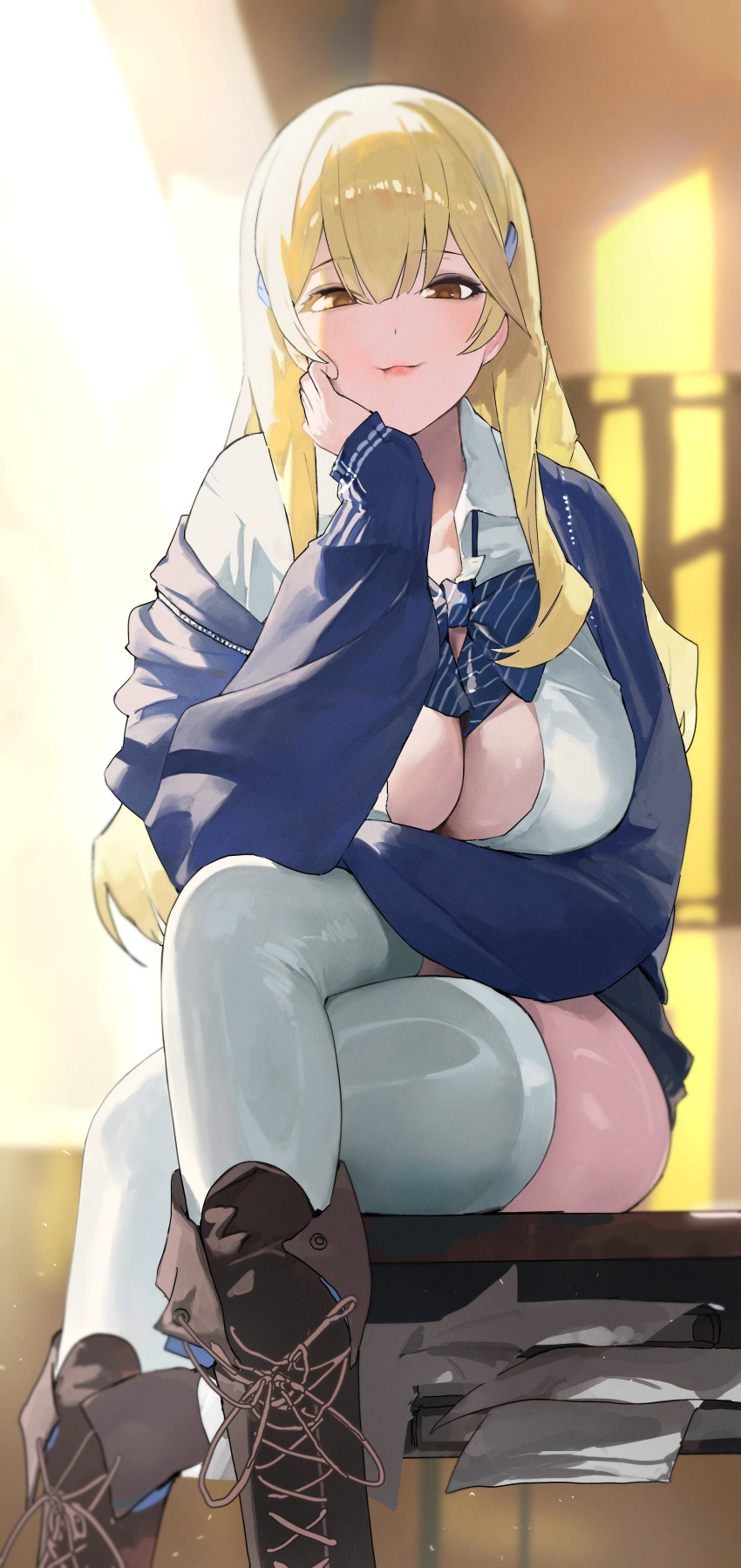 024th 1girl absurdres blonde_hair blue_bow blue_bowtie blue_jacket boots bow bowtie breasts brown_eyes crossed_legs goddess_of_victory:_nikke hand_on_own_cheek hand_on_own_face highres jacket knee_boots lace-up_boots large_breasts long_hair long_sleeves looking_at_viewer parted_lips shirt sitting smile solo thighhighs tia_(nikke) white_shirt white_thighhighs