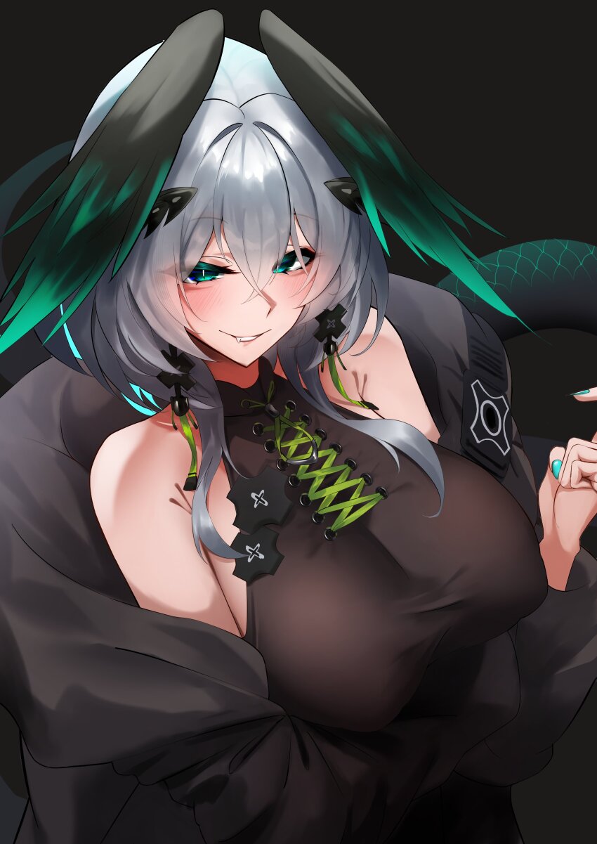 1girl absurdres alternate_breast_size_(larger) aqua_eyes aqua_hair aqua_nails aqua_wings arknights bare_shoulders black_background black_coat black_wings blush breasts coat earrings fang fingernails grey_hair hair_between_eyes hashtag-only_commentary head_wings highres ho&#039;olheyak_(arknights) ho&#039;olheyak_(ritual_of_immortality)_(arknights) huge_breasts jewelry long_hair looking_at_viewer multicolored_hair multicolored_wings nail_polish off_shoulder official_alternate_costume simple_background slit_pupils snake_girl snake_tail solo tail two-tone_wings upper_body white_hair wings yuki_(yuki_yu_owo)