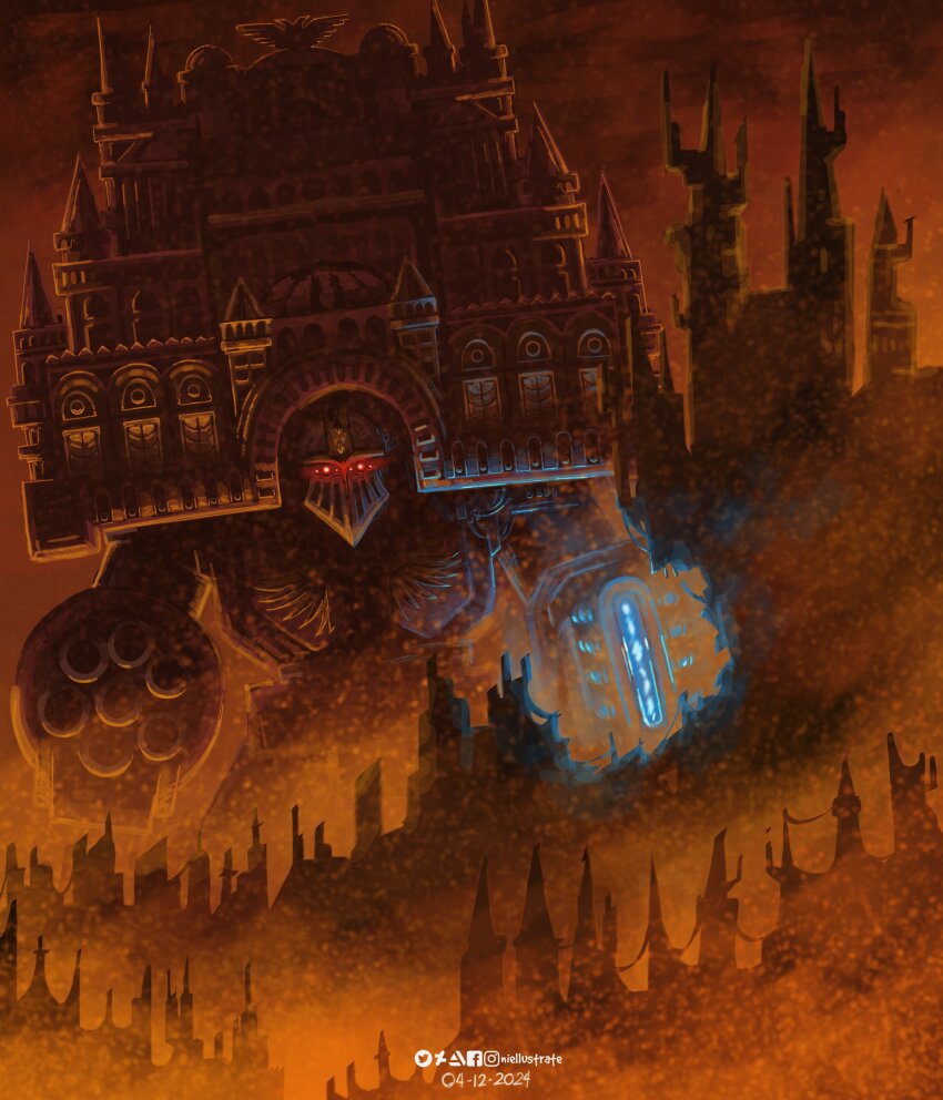 2024 absurdres adeptus_mechanicus architecture arm_cannon artificial_eye artist_name artstation_logo artstation_username castle cathedral city cityscape collegia_titanica dated deviantart_logo deviantart_username energy_cannon extra_eyes facebook_logo facebook_username facing_viewer flying_buttress glowing glowing_eyes gothic_architecture highres imperial_aquila imperium_of_man instagram_logo instagram_username mecha mechanical_eye niellustrate plasma_cannon plateau red_eyes robot shoulder_cannon tower twitter_logo twitter_username warhammer_40k weapon