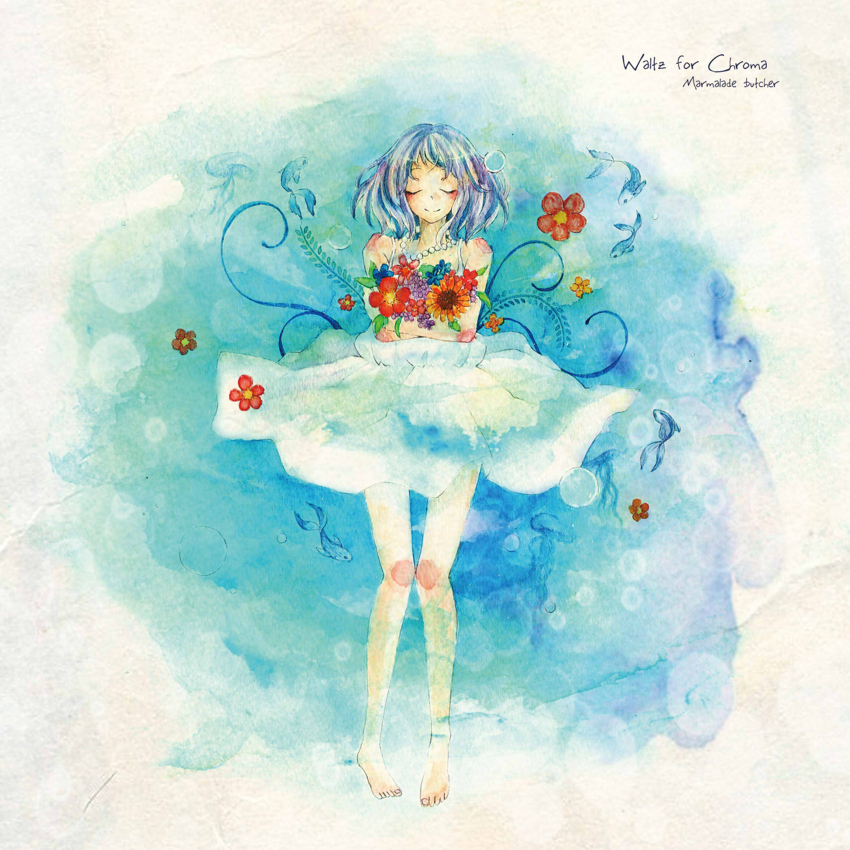 1girl absurdres album_cover artist_request bare_shoulders barefoot blue_background blue_flower blue_hair blush bruise closed_eyes cover dress facing_viewer fern fish floating_clothes flower full_body highres holding holding_flower injury jewelry leaf marmalade_butcher_(band) medium_hair multicolored_hair necklace official_art orange_flower painting_(medium) pearl_necklace purple_flower purple_hair red_flower second-party_source solo song_name spaghetti_strap straight-on streaked_hair sundress sunflower traditional_media watercolor_(medium) white_dress yellow_flower
