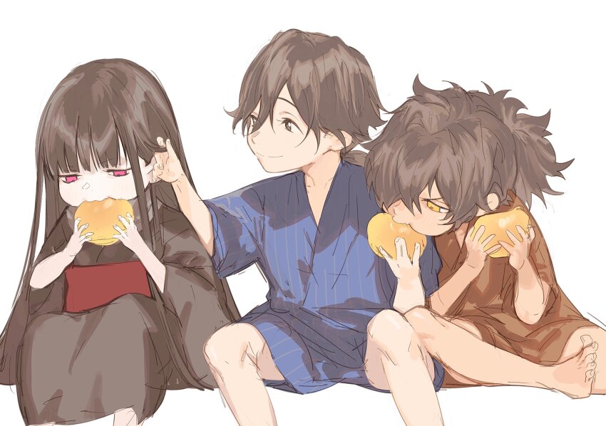 1girl 2boys adjusting_another&#039;s_hair aged_down black_eyes black_hair black_kimono blue_kimono blunt_bangs brown_kimono eating fate/grand_order fate_(series) food hair_over_one_eye highres holding holding_food japanese_clothes jinbei_(clothes) kimono long_hair multiple_boys obi okada_izou_(fate) oryou_(fate) ponytail red_eyes sakamoto_ryouma_(fate) sash simple_background sitting striped_clothes vertical-striped_clothes white_background yellow_eyes ziege113